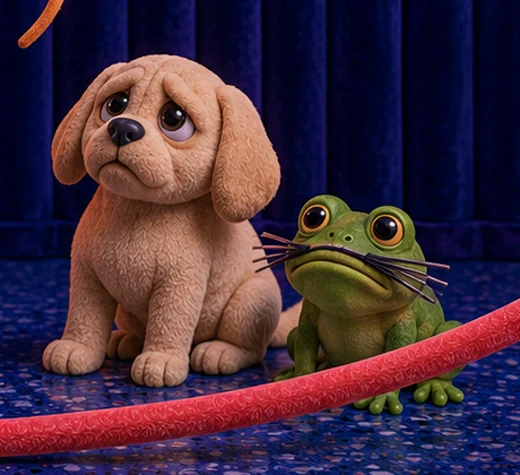 A sad puppy and a frog with painted-on whiskers waiting behind the rope
